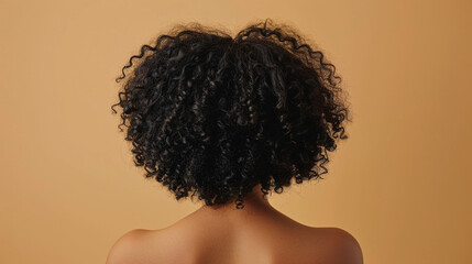 Woman with dark curly hair isolated on beige background, close up view