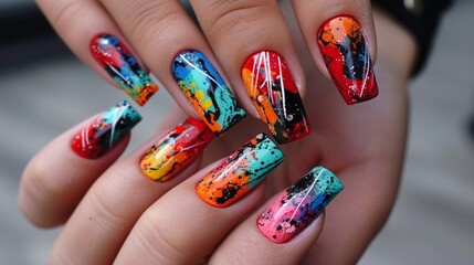 Artistic graffiti-inspired nail art with bold colors, abstract shapes, and splashes of paint.