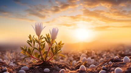 Sunrise brings forth blooming flowers, symbolizing revival, hope, and longevity, evoking a sense of renewal and enduring optimism in nature.
