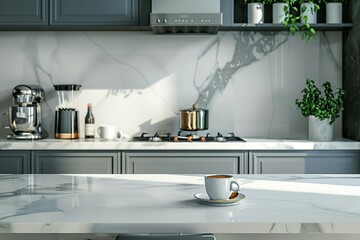 modern kitchen background. Kitchen island countertop with coffee set, kitchen interior.