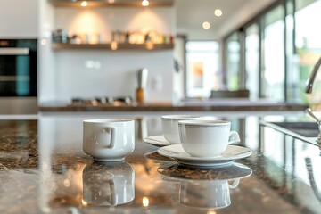 Obraz na płótnie Canvas modern kitchen background. Kitchen island countertop with coffee set, kitchen interior.