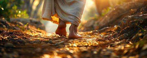 Detailed image of biblical figure walking on a dirt path outdoors. Concept Biblical Figure, Walking on Dirt Path, Outdoors, Detailed Image
