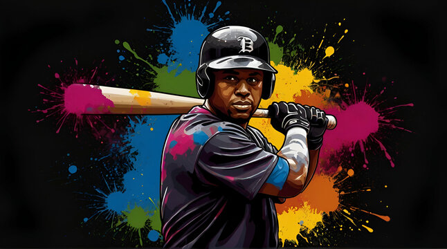 illustration of a Baseball player with a bat covered in multicolored paint splash isolated on a black. generative.ai