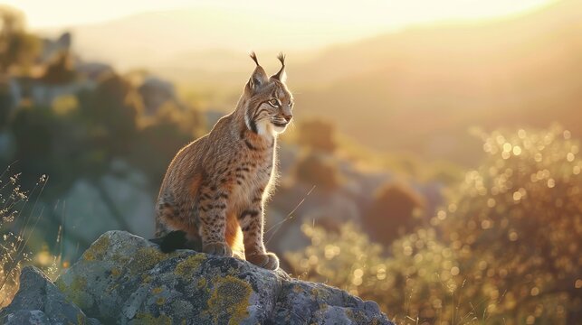 Iberian lynx perched on a rock in the sunlight at nightfall, with a blurry backdrop of the natural world