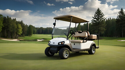 Golf cart car in fairway of golf course with fresh green grass field. generative.ai
