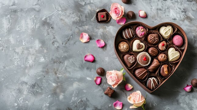 exquisite Valentine's Day chocolates in a heart-shaped gift box with soft blossoms, copy space