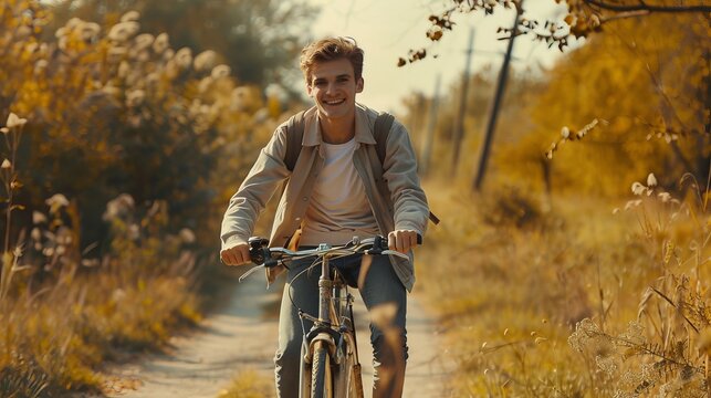 A joyful young man riding a bicycle on a sidewalk
