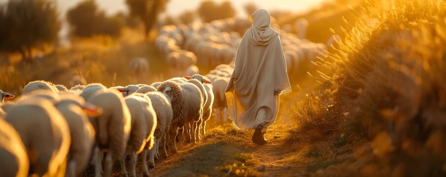 Religious figure leading a flock of sheep in pastoral setting outdoors. Concept Religious Figures, Flock of Sheep, Pastoral Setting, Outdoor Scene, Religious Symbolism