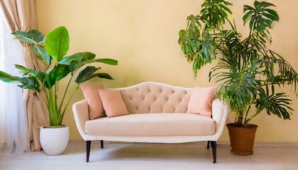 rosa Sofa vor gelber Wand
