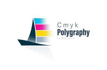 Polygraphy Print CMYK Logo. Abstract Sail Boat silhouette and ink stripes. Template design vector. White background.