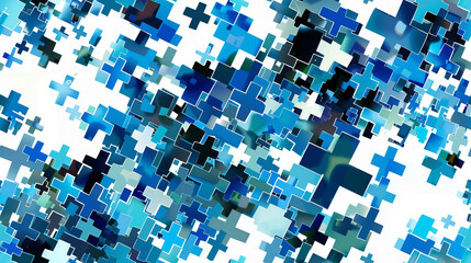 A blue and white image with many small squares and triangles