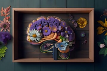 Human brain structure make with fresh flowers and leaves on wooden background, Gives fresh and vibrant good feeling.