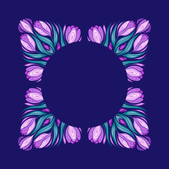 Vector frame made of geometric illustration of crocuses and copy space. Decorative border of spring flowers and place for text.