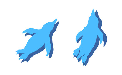 泳ぐペンギンの水色シルエットイラストセット（影あり）
