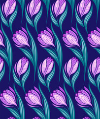 Vector spring seamless pattern with purple flowers on a dark background. Natural texture with crocuses in a row. Floral surface design