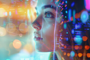 A young woman contemplating while studying a see-through computer screen, with digital data and information displayed on the screen, Conving a sense of digital immersion and focus. - Powered by Adobe