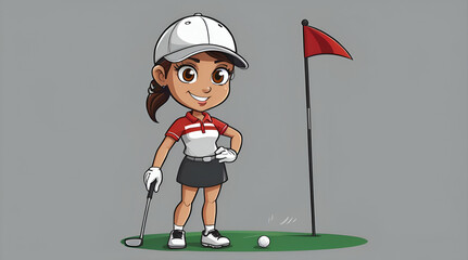 A woman cartoon golf player with a stick isolated on gray background. generative.ai - obrazy, fototapety, plakaty