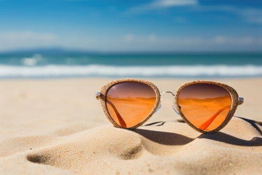 Heart-shaped sunglasses on a sandy beach.