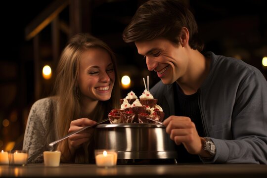 Couple sharing a dessert fondue.