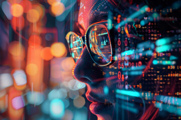 An abstract background featuring a software engineer working on a computer, with a line of code reflecting in their glasses and elements of big data visible on the screen. - obrazy, fototapety, plakaty
