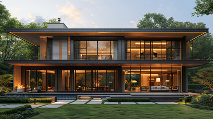 Front view of a modern asian style villa with beautiful symmetry and light in the evening