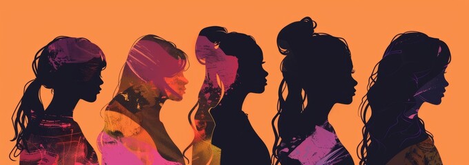 Female silhouettes, in orange background, dark maroon and pink, dark black and beige, feminine sticker art, simplified and stylized portraits portraying equal rights


