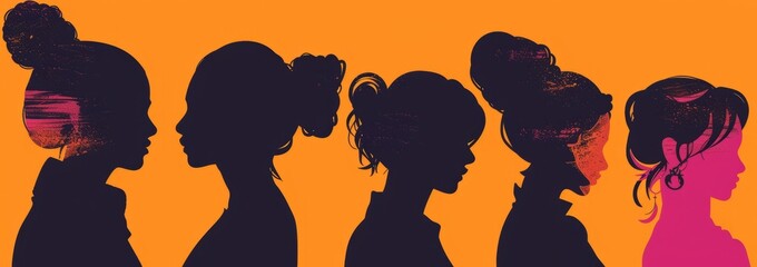 Female silhouettes, in orange background, dark maroon and pink, dark black and beige, feminine sticker art, simplified and stylized portraits portraying equal rights

