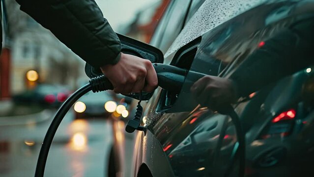 Pushing towards a hand plugging an EV charging plug into a grey electronic vehicle on a rainy day