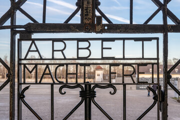 DACHAU, GERMANY Work sets you free sign on gates at Dachau Concentration Camp