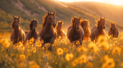 Herd of Horses Running Through Wildflower Meadow at Sunset