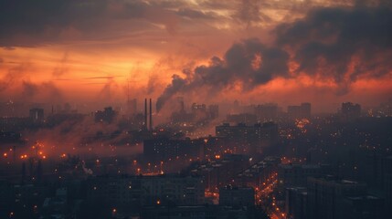 Obraz premium Smog-Filled City Skyline with Industrial Factory Generative AI