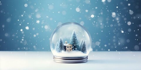 Simple snow globe showcasing Christmas spirit on a serene blue backdrop. Concept Christmas Decor, Snow Globe Photography, Serene Blue Backdrop, Holiday Spirit, Festive Props