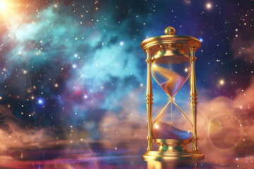 3d illustration of hourglass of space background with stars and nebula. - obrazy, fototapety, plakaty