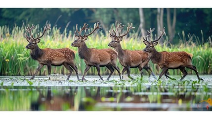 Four wild deers walking in a wetland area. Landscape with animals in the wetland area of Salburua,...