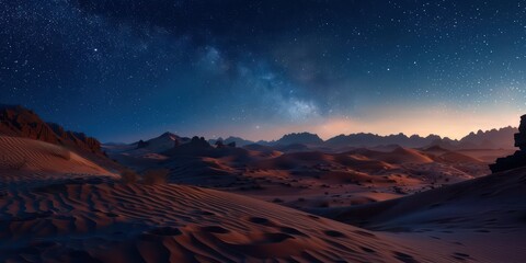 A nighttime desert landscape beneath a starry blue sky.