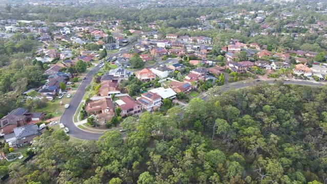 Aerial drone view of Menai, in the Sutherland Shire, South Sydney, NSW Australia on the western side of Alfords Point Road on a sunny morning in March 2024