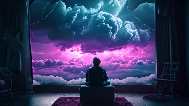 Man sitting in front of the window and looking at the night sky, an emo album cover with synthwave elements of someone staring at a tv screen of grey clouds, AI Generated