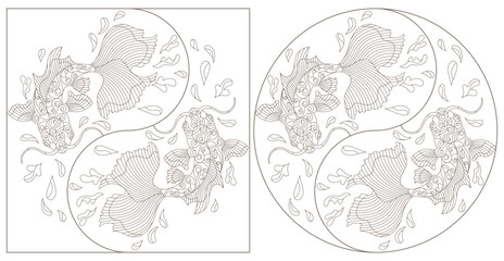 A set of contour illustrations in the style of stained glass with koi carp fish, dark contours on a white background