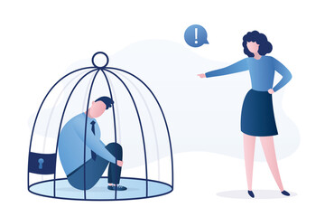 Woman boss put the male worker in cage. Corporate slavery, overwork and burnout. Male employee is depressed and stressed due to hard work. Discrimination, bullying