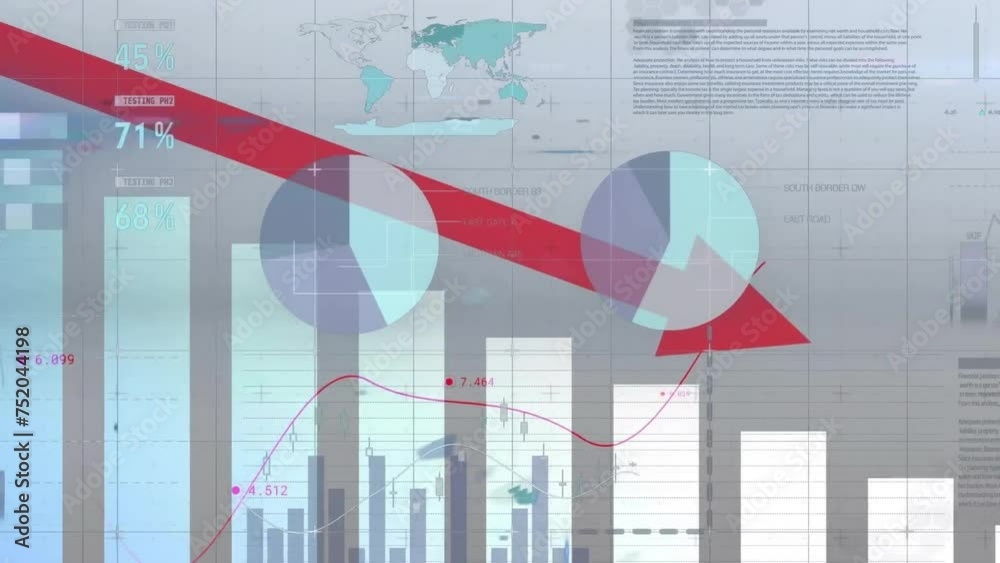 Poster animation of digital data processing and statistics over grey background