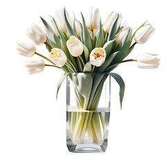 Luxurious bouquet of white tulips in a glass vase isolated on PNG background. Generative AI.