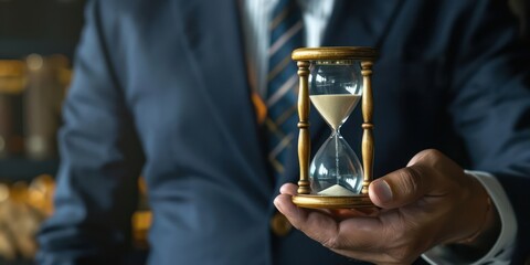 A businessman holding an hourglass against a background depicting the concept of deadlines and the value of time - obrazy, fototapety, plakaty