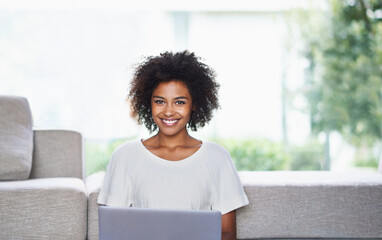 Portrait, laptop and African woman in lounge, smile and online shopping from home. Internet,...