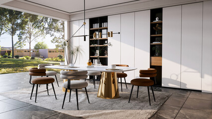 3d rendering modern luxury dining room interior decoration