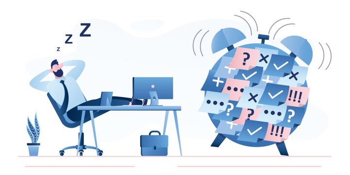 Ringing alarm clock with lot of notes with tasks for male employee. Lazy businessman sleeping at work, irresponsibility, bad work. Burnout, deadline concept. Break time