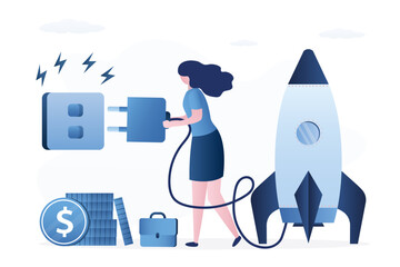 Confident businesswoman plug electric wire to socket. Launch new business project. Startup concept. Business rocket ready to start. Business development, entrepreneurship.