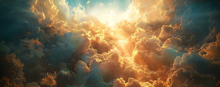 Christian symbolism Jesus ascending to heaven in bright light and clouds. Concept Ascension of Jesus, Christian art, Heaven imagery, Divine light, Spiritual symbolism