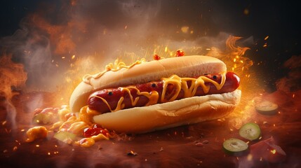 High-resolution image of a hot dog with flames in the background and a blurred background.