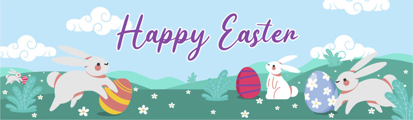 Landscape Banner of Happy Easter Day. Cute Easter Day Greeting Card. 
