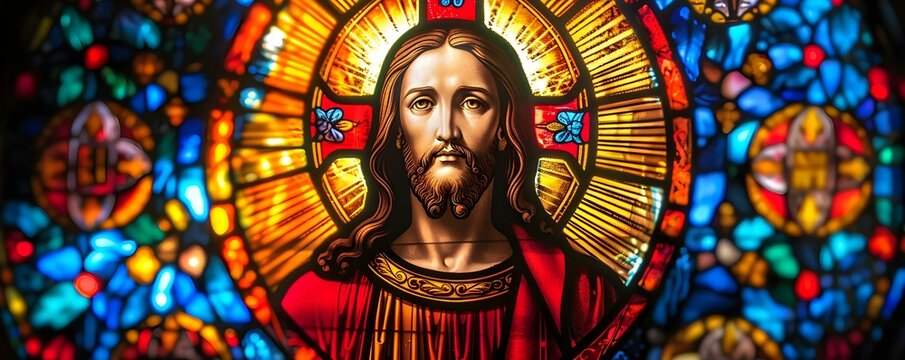 A colorful stained glass window featuring an image of Jesus Christ. Concept Religious Art, Stained Glass, Jesus Christ, Colorful Window, Spiritual Decoration